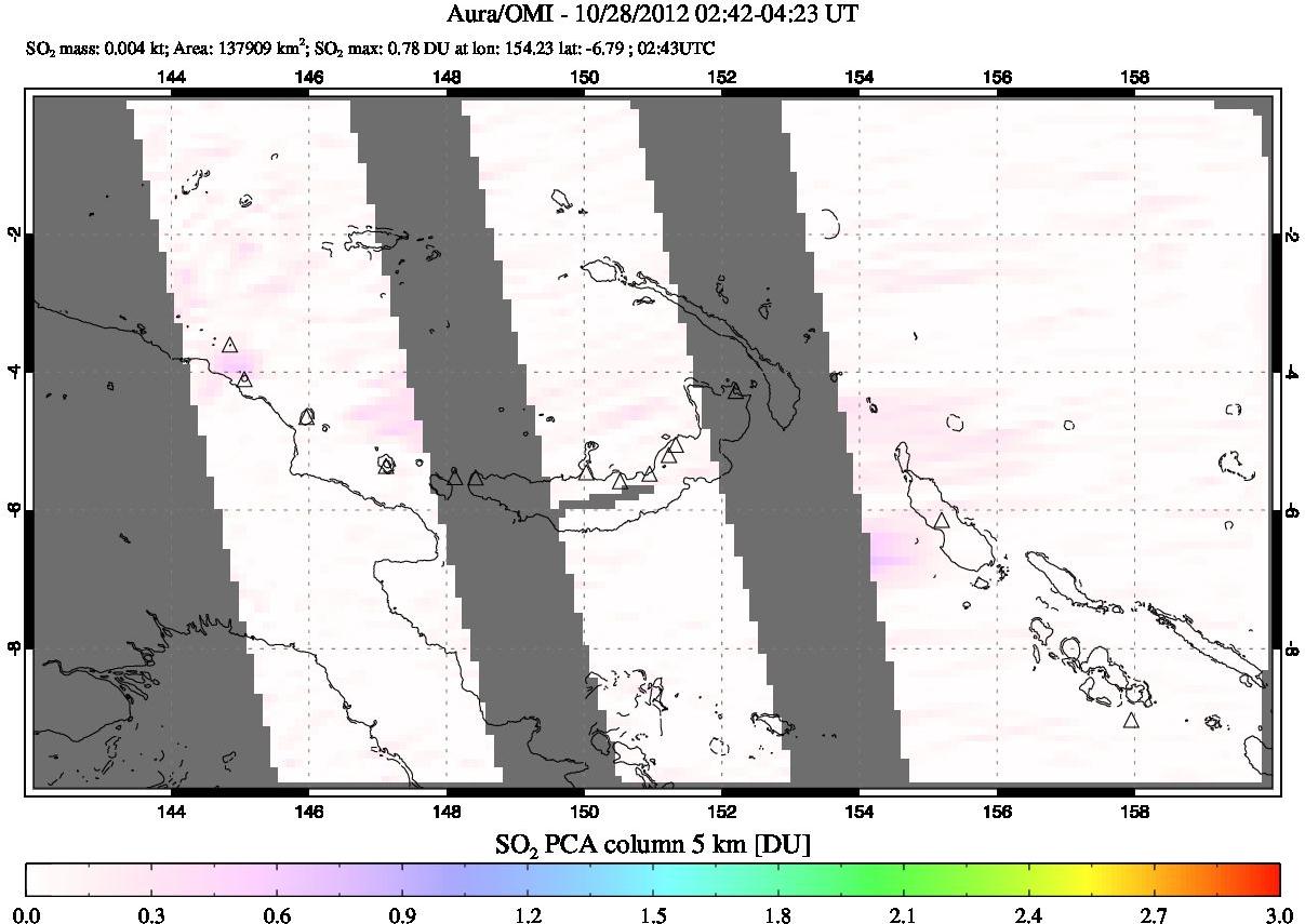 A sulfur dioxide image over Papua, New Guinea on Oct 28, 2012.