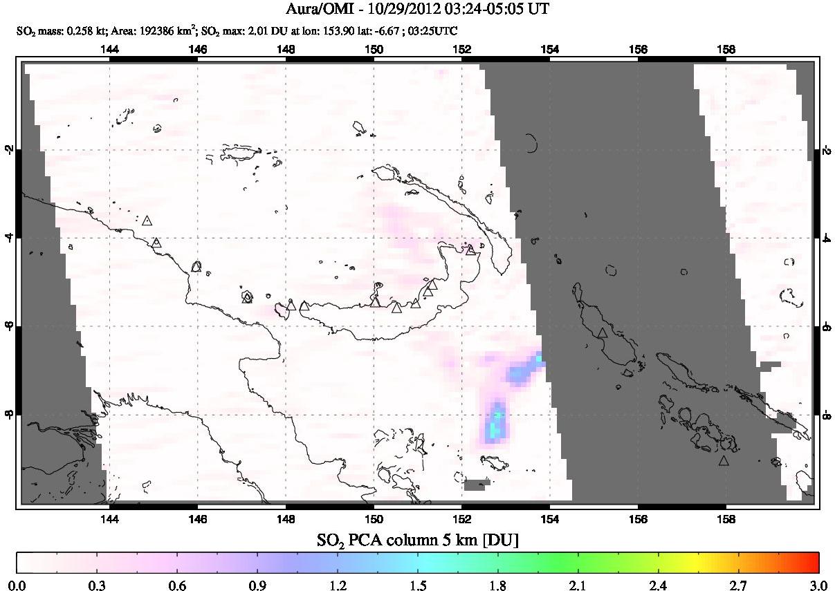 A sulfur dioxide image over Papua, New Guinea on Oct 29, 2012.