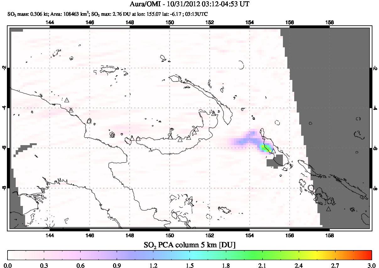 A sulfur dioxide image over Papua, New Guinea on Oct 31, 2012.