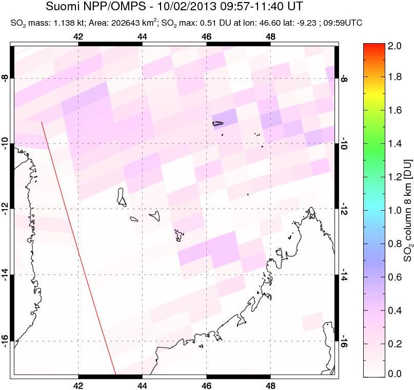 A sulfur dioxide image over Comoro Islands on Oct 02, 2013.
