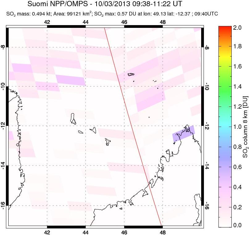 A sulfur dioxide image over Comoro Islands on Oct 03, 2013.