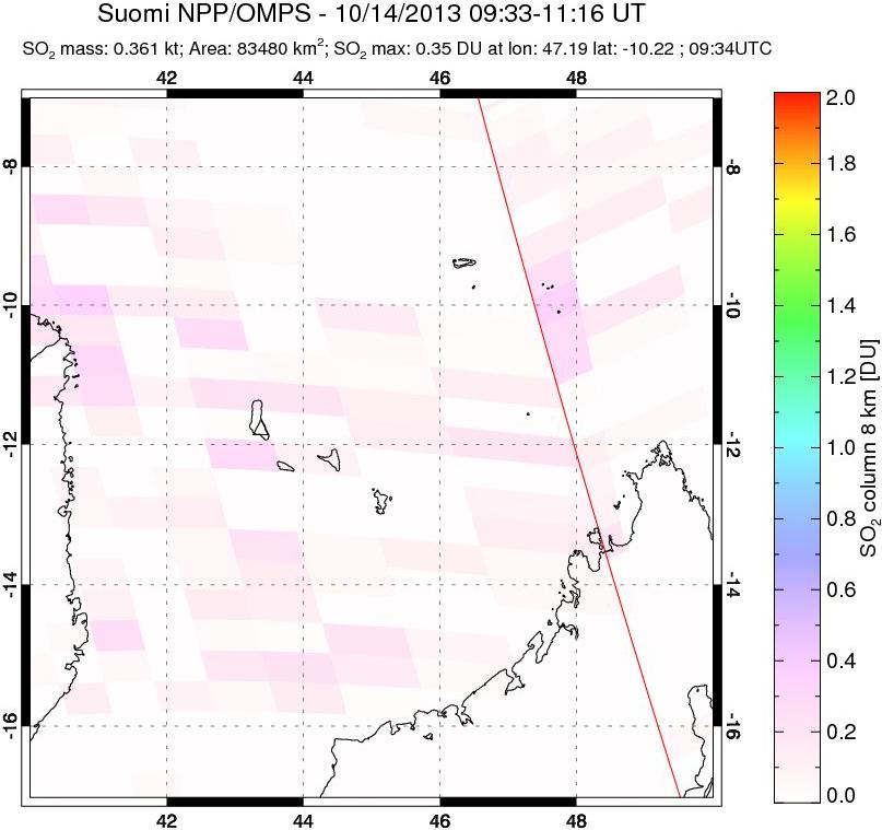 A sulfur dioxide image over Comoro Islands on Oct 14, 2013.