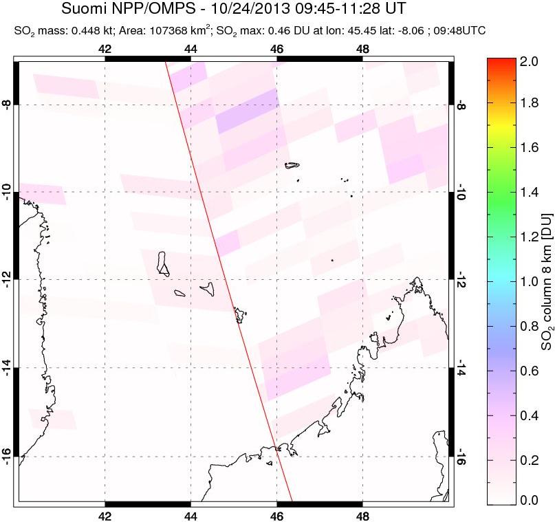 A sulfur dioxide image over Comoro Islands on Oct 24, 2013.
