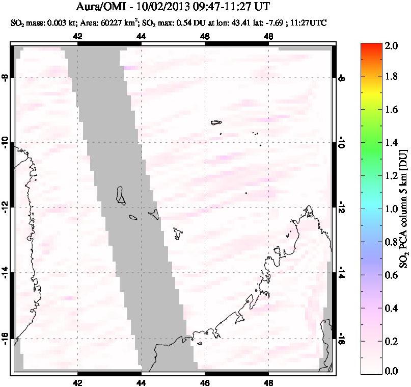 A sulfur dioxide image over Comoro Islands on Oct 02, 2013.