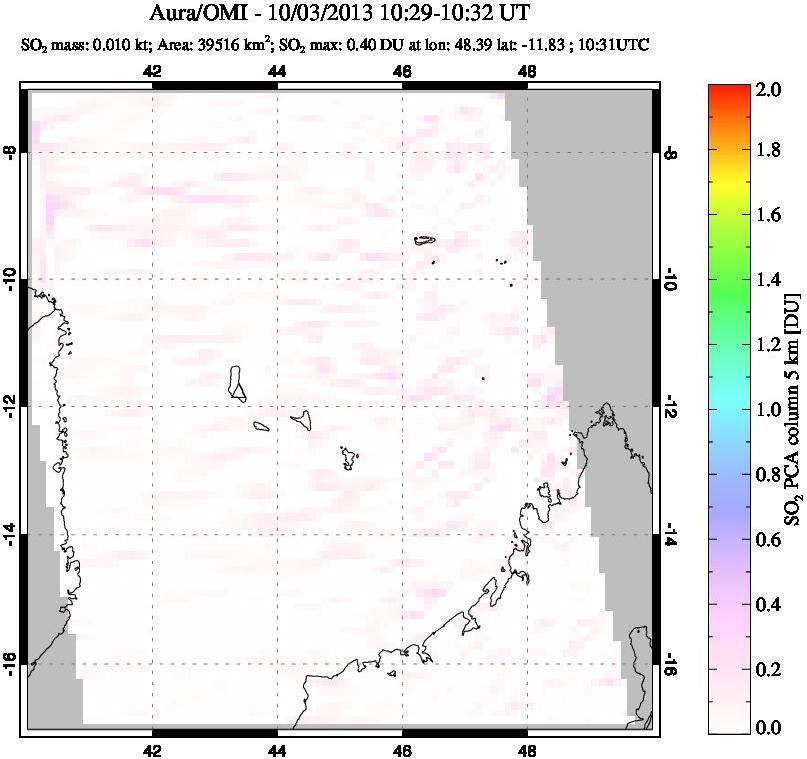 A sulfur dioxide image over Comoro Islands on Oct 03, 2013.