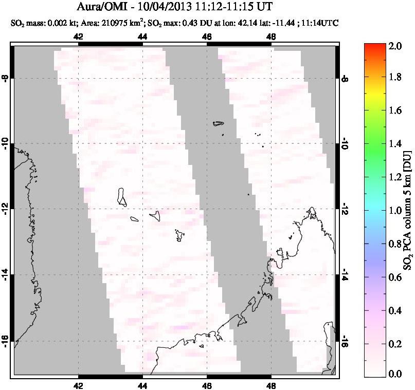 A sulfur dioxide image over Comoro Islands on Oct 04, 2013.