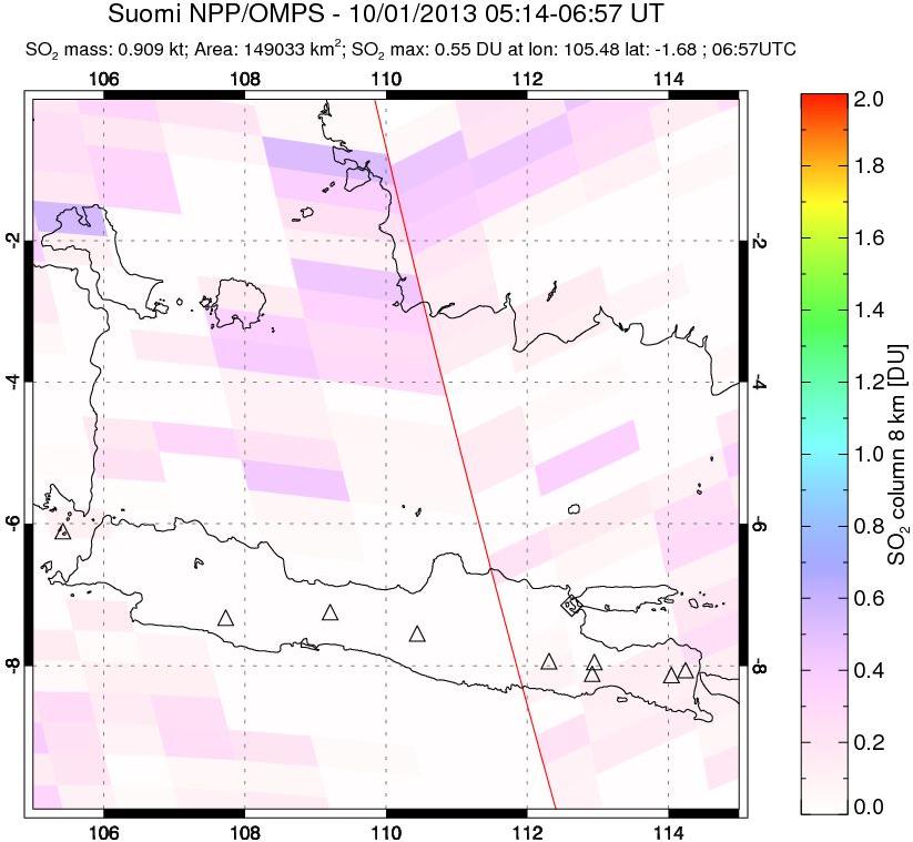 A sulfur dioxide image over Java, Indonesia on Oct 01, 2013.