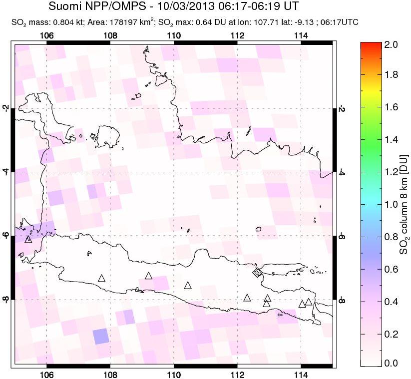 A sulfur dioxide image over Java, Indonesia on Oct 03, 2013.
