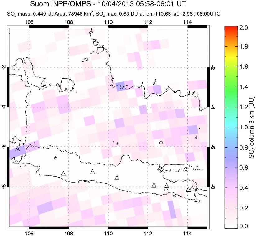 A sulfur dioxide image over Java, Indonesia on Oct 04, 2013.