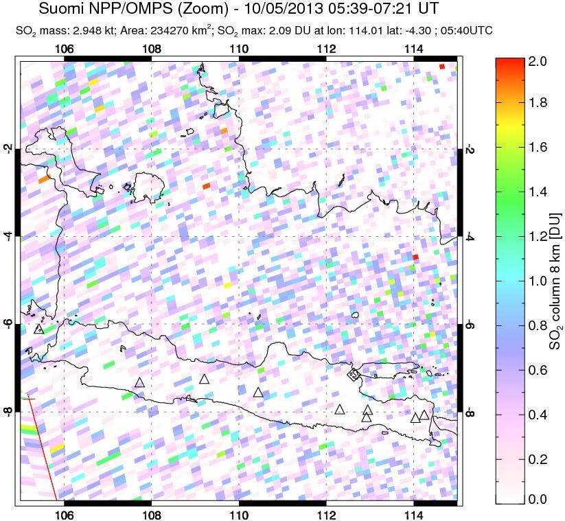 A sulfur dioxide image over Java, Indonesia on Oct 05, 2013.