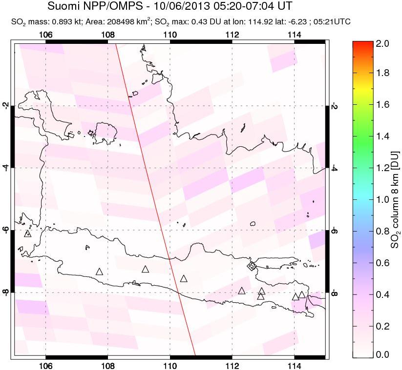 A sulfur dioxide image over Java, Indonesia on Oct 06, 2013.