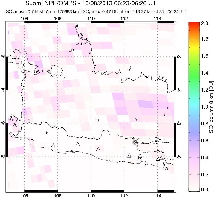 A sulfur dioxide image over Java, Indonesia on Oct 08, 2013.