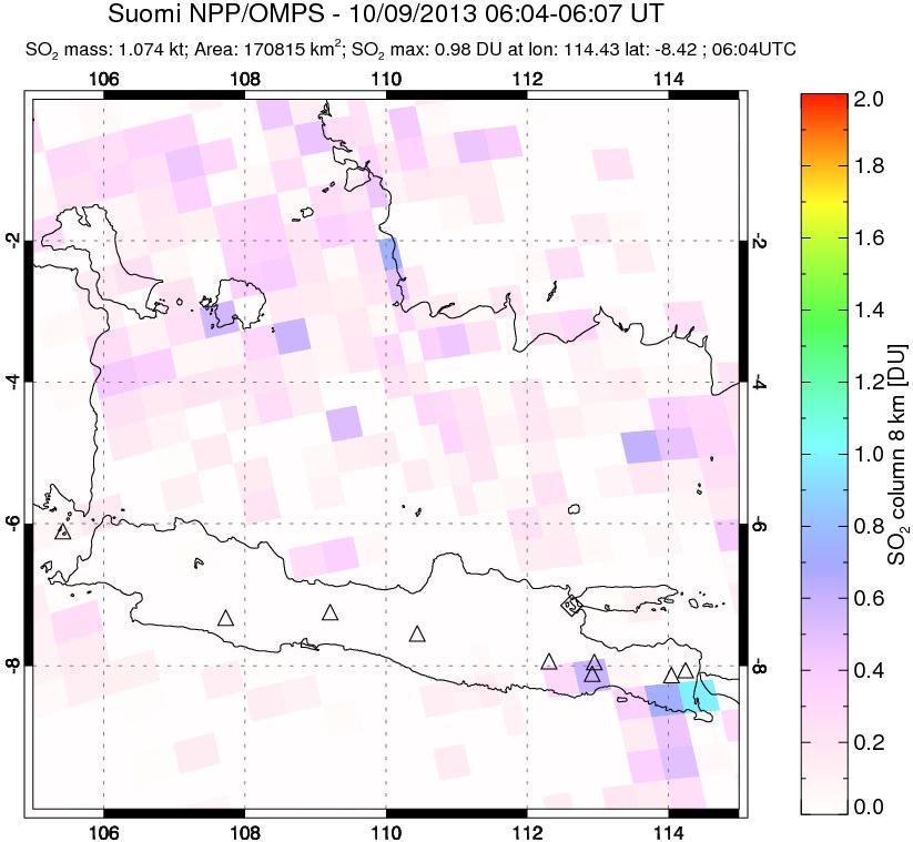 A sulfur dioxide image over Java, Indonesia on Oct 09, 2013.