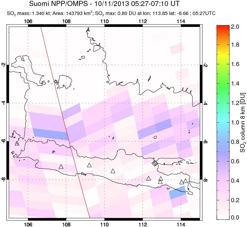 A sulfur dioxide image over Java, Indonesia on Oct 11, 2013.