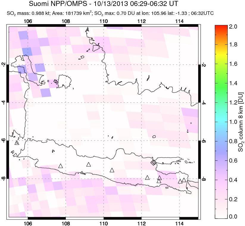 A sulfur dioxide image over Java, Indonesia on Oct 13, 2013.