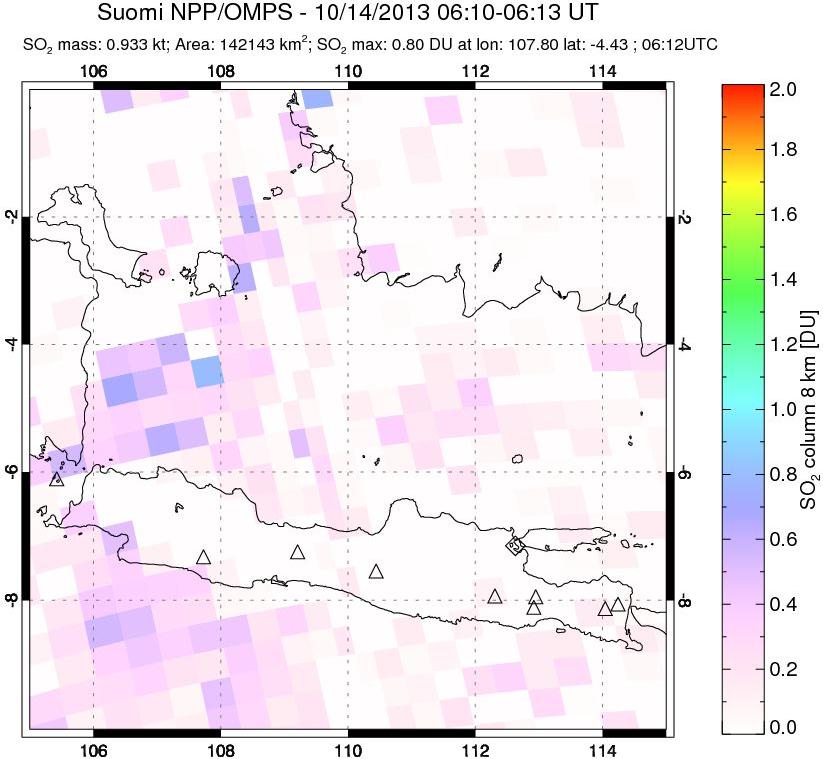 A sulfur dioxide image over Java, Indonesia on Oct 14, 2013.
