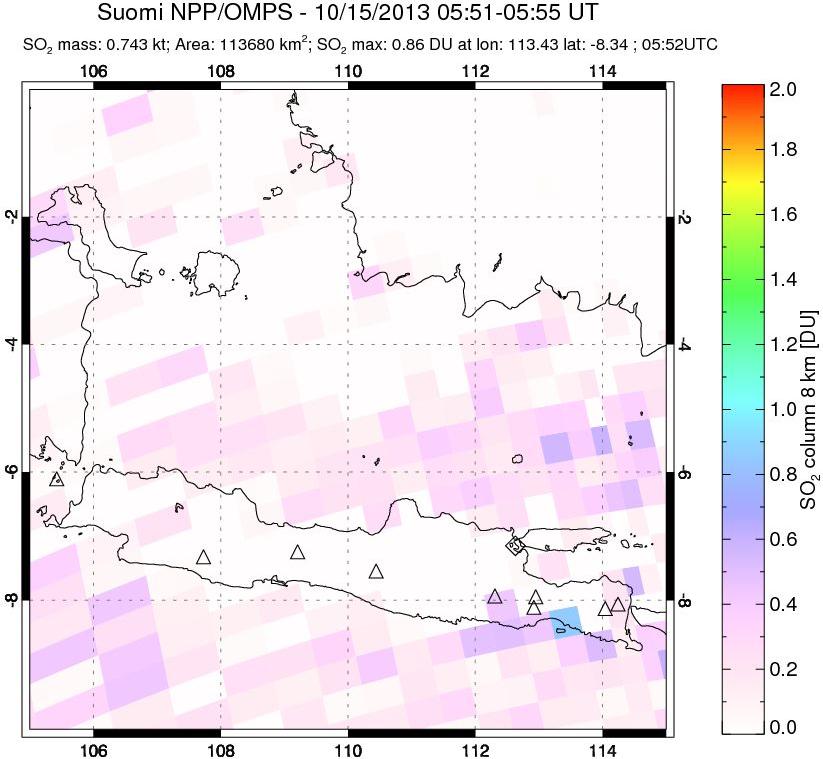A sulfur dioxide image over Java, Indonesia on Oct 15, 2013.