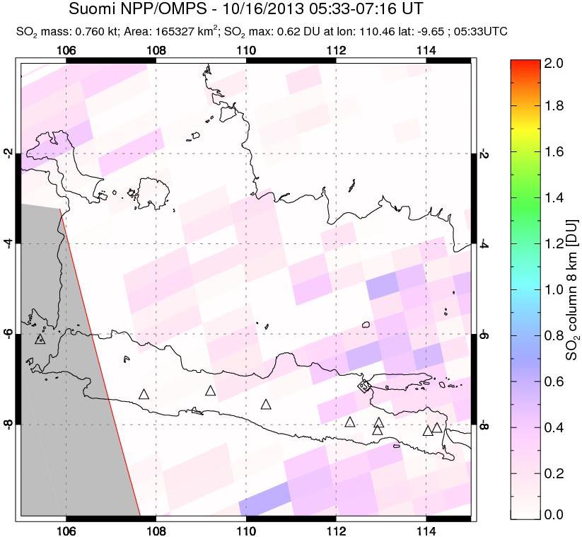 A sulfur dioxide image over Java, Indonesia on Oct 16, 2013.