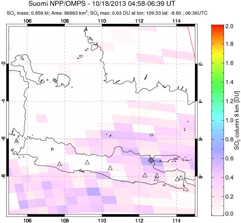 A sulfur dioxide image over Java, Indonesia on Oct 18, 2013.