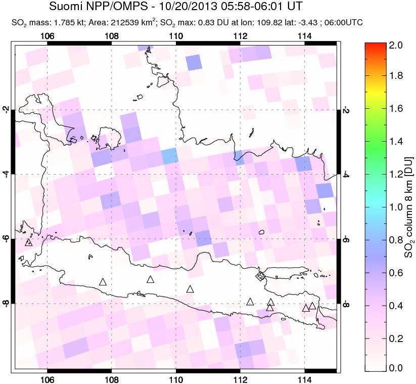 A sulfur dioxide image over Java, Indonesia on Oct 20, 2013.