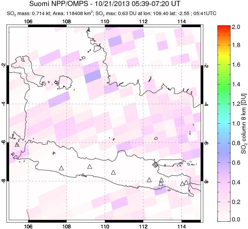 A sulfur dioxide image over Java, Indonesia on Oct 21, 2013.
