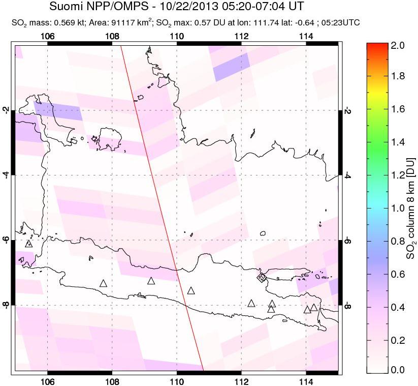 A sulfur dioxide image over Java, Indonesia on Oct 22, 2013.