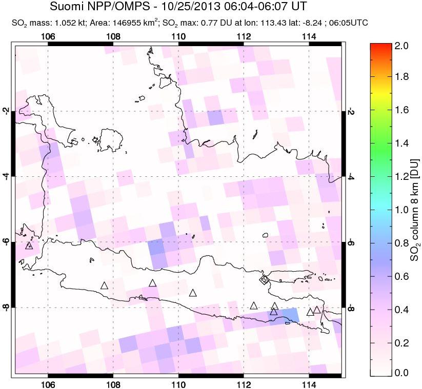 A sulfur dioxide image over Java, Indonesia on Oct 25, 2013.