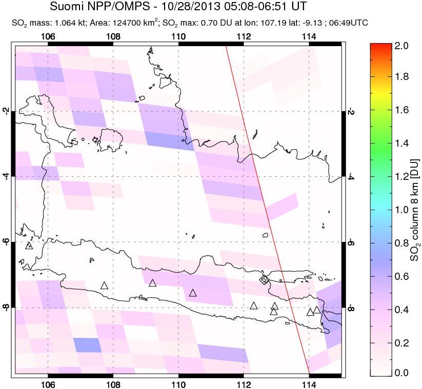 A sulfur dioxide image over Java, Indonesia on Oct 28, 2013.