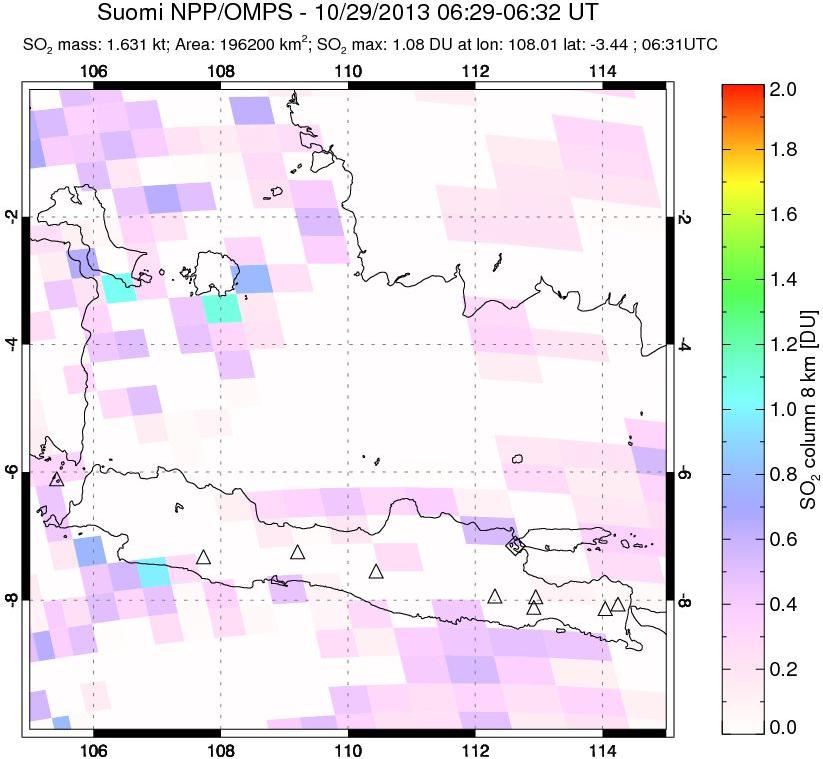 A sulfur dioxide image over Java, Indonesia on Oct 29, 2013.