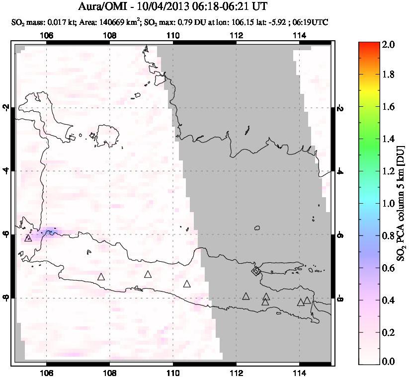 A sulfur dioxide image over Java, Indonesia on Oct 04, 2013.