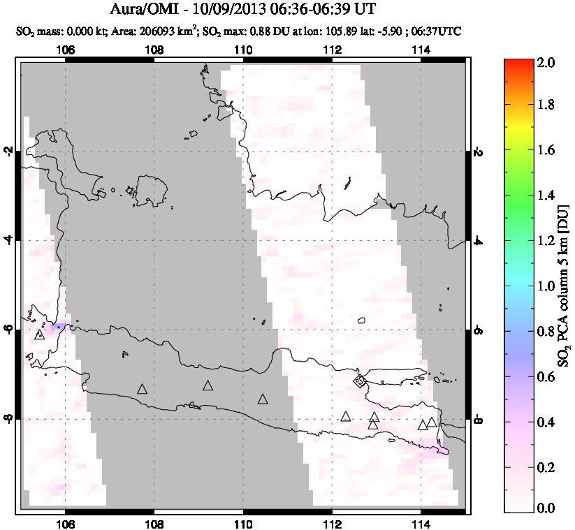 A sulfur dioxide image over Java, Indonesia on Oct 09, 2013.