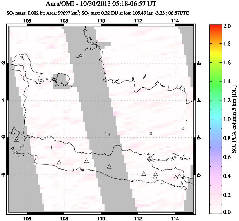 A sulfur dioxide image over Java, Indonesia on Oct 30, 2013.
