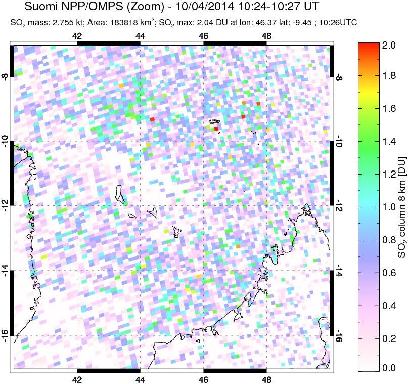 A sulfur dioxide image over Comoro Islands on Oct 04, 2014.
