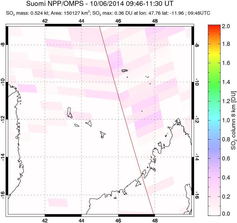A sulfur dioxide image over Comoro Islands on Oct 06, 2014.