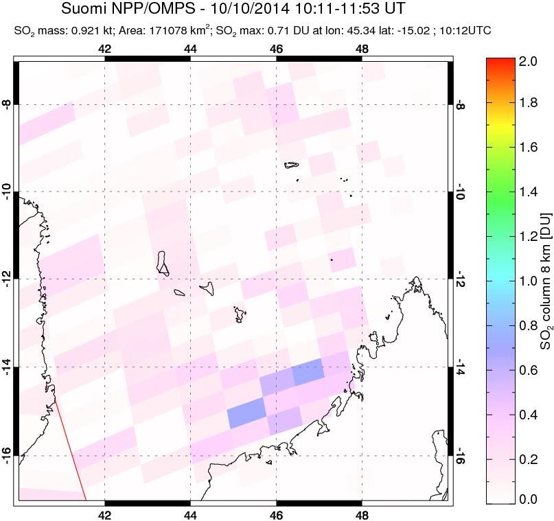 A sulfur dioxide image over Comoro Islands on Oct 10, 2014.