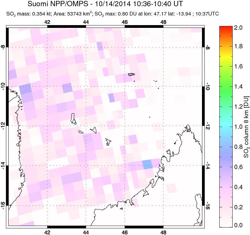 A sulfur dioxide image over Comoro Islands on Oct 14, 2014.