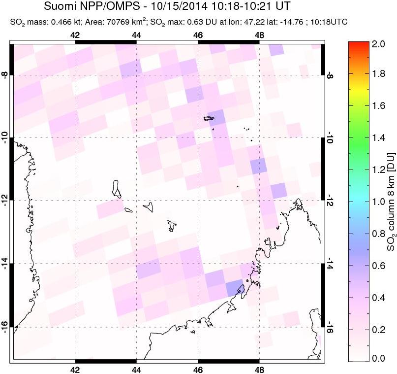 A sulfur dioxide image over Comoro Islands on Oct 15, 2014.
