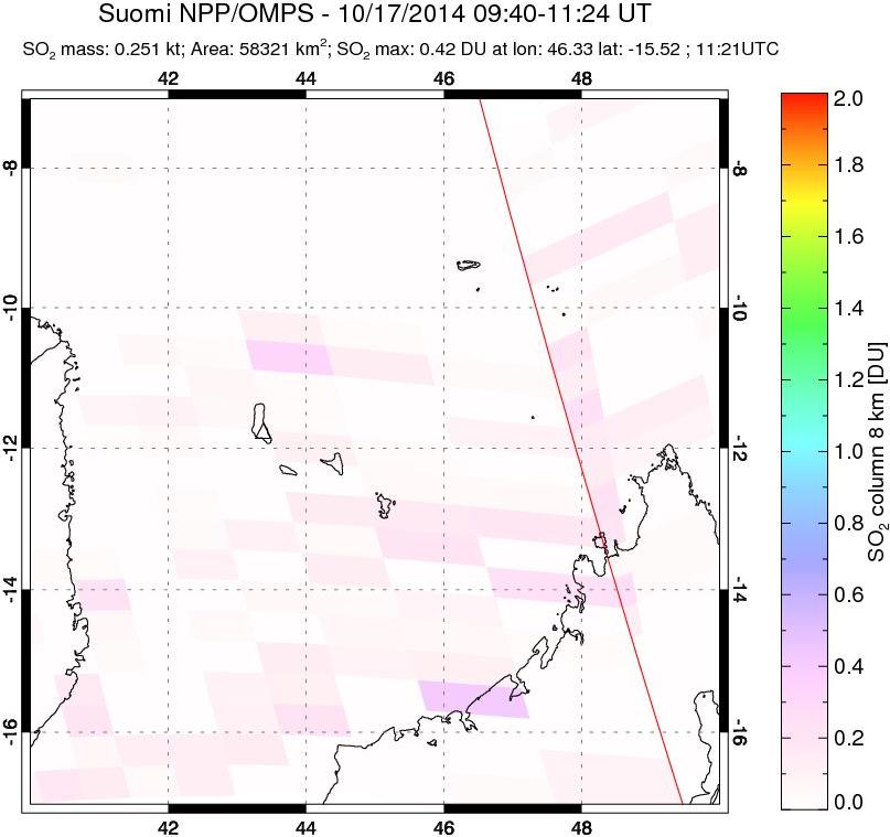 A sulfur dioxide image over Comoro Islands on Oct 17, 2014.