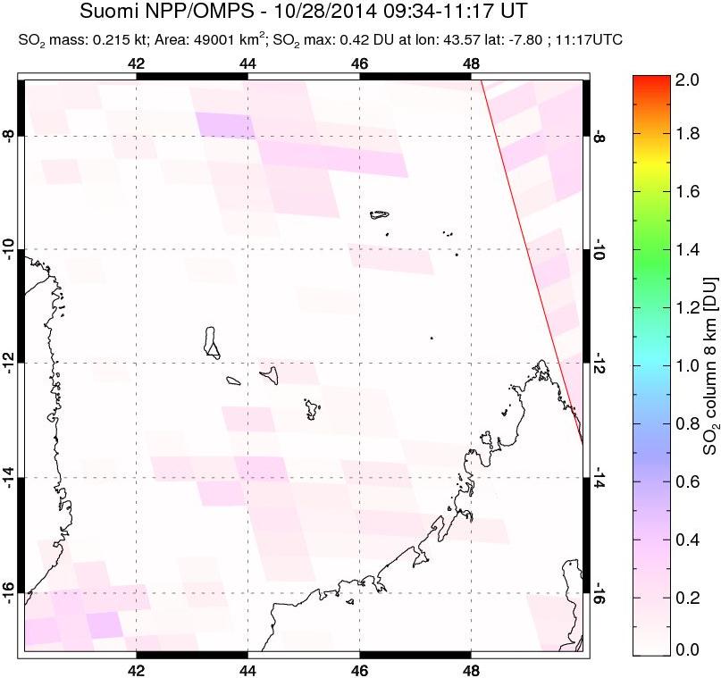 A sulfur dioxide image over Comoro Islands on Oct 28, 2014.