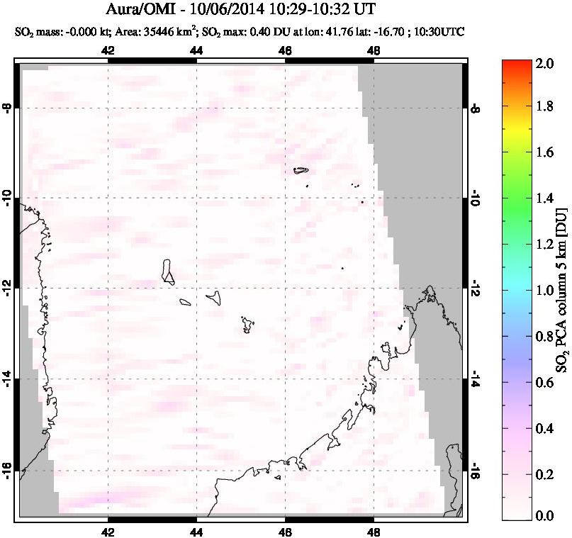 A sulfur dioxide image over Comoro Islands on Oct 06, 2014.
