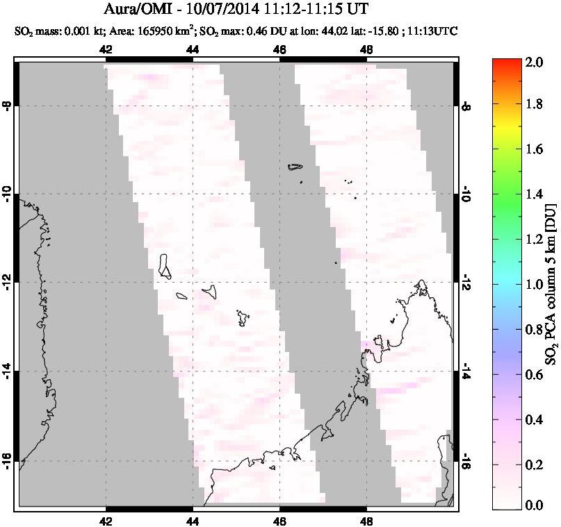 A sulfur dioxide image over Comoro Islands on Oct 07, 2014.