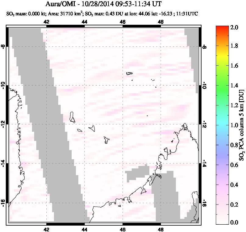 A sulfur dioxide image over Comoro Islands on Oct 28, 2014.