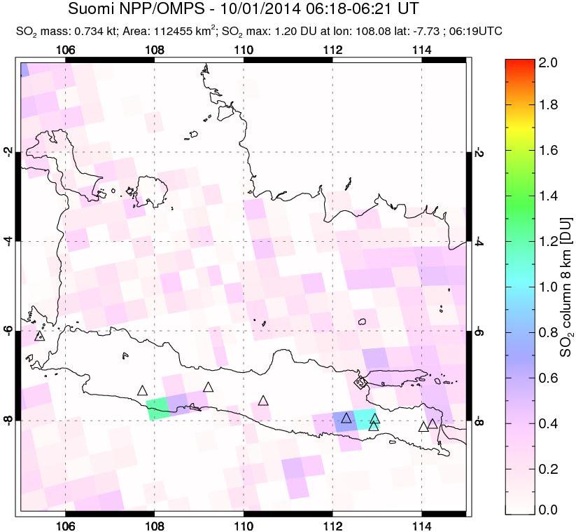 A sulfur dioxide image over Java, Indonesia on Oct 01, 2014.