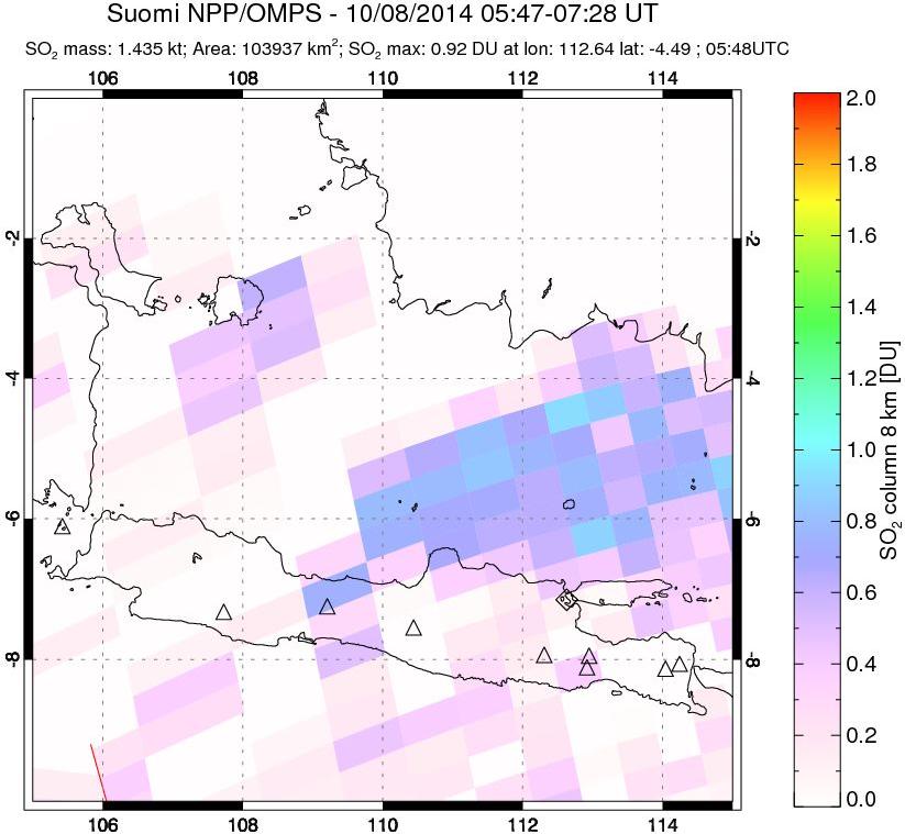 A sulfur dioxide image over Java, Indonesia on Oct 08, 2014.