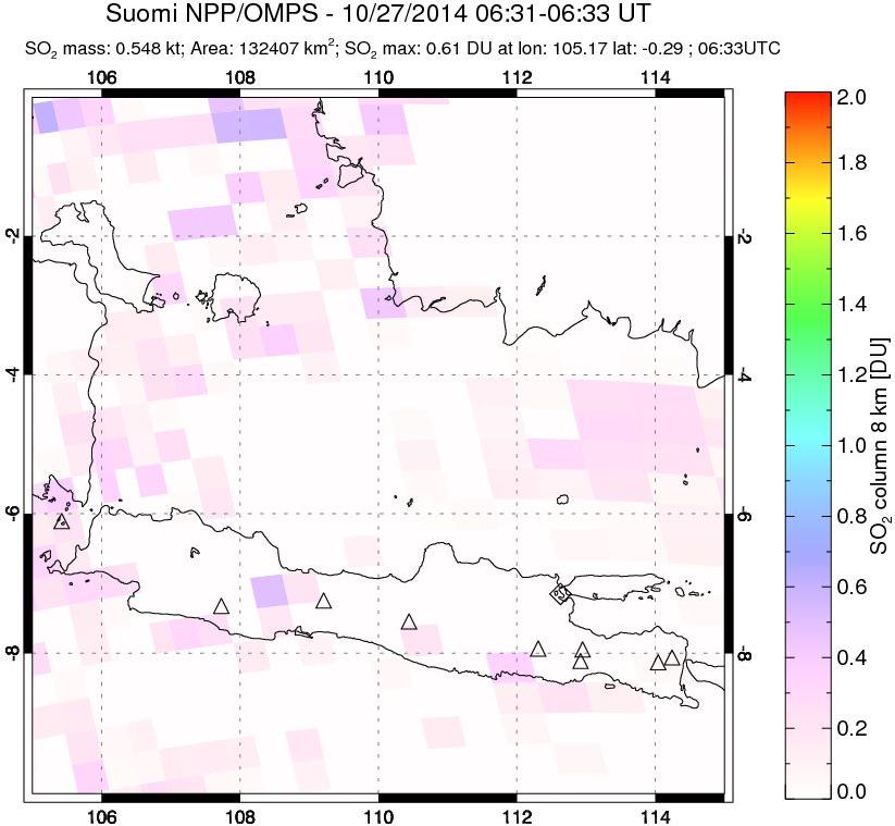 A sulfur dioxide image over Java, Indonesia on Oct 27, 2014.