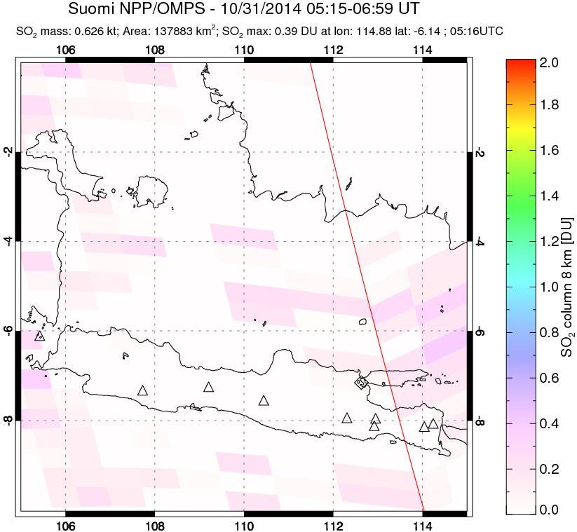 A sulfur dioxide image over Java, Indonesia on Oct 31, 2014.