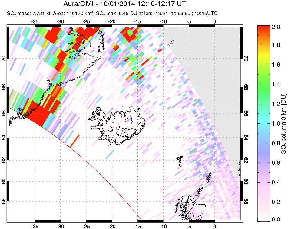 A sulfur dioxide image over Iceland on Oct 01, 2014.