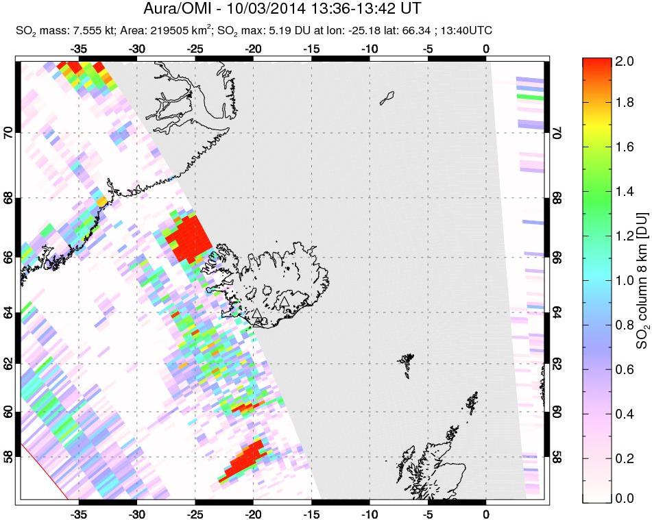 A sulfur dioxide image over Iceland on Oct 03, 2014.