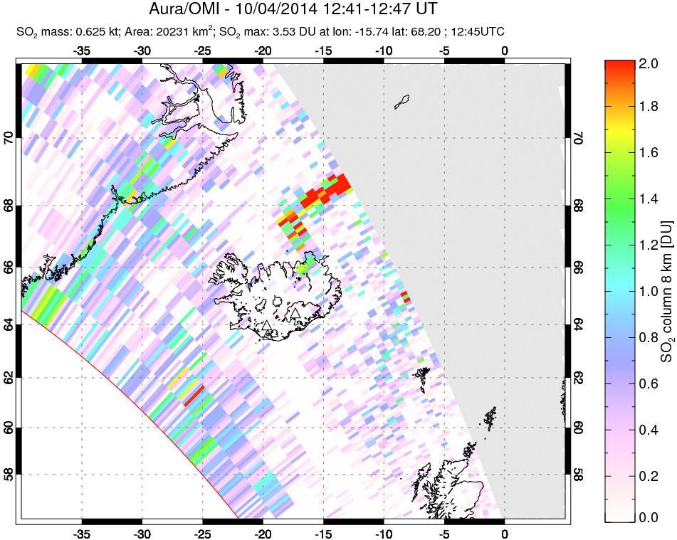 A sulfur dioxide image over Iceland on Oct 04, 2014.