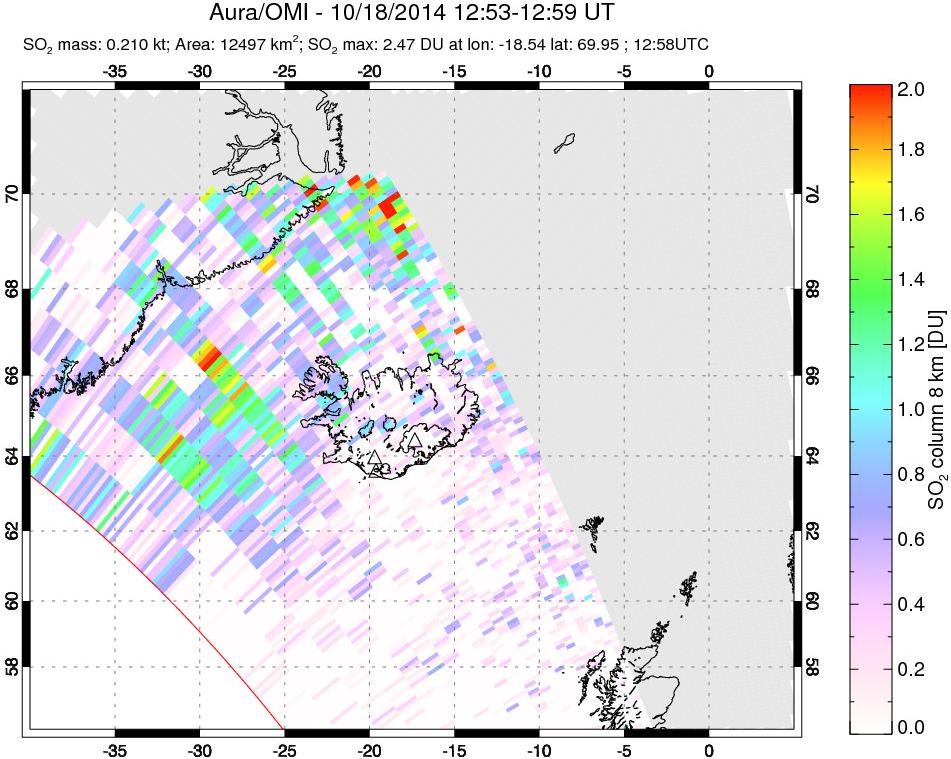 A sulfur dioxide image over Iceland on Oct 18, 2014.